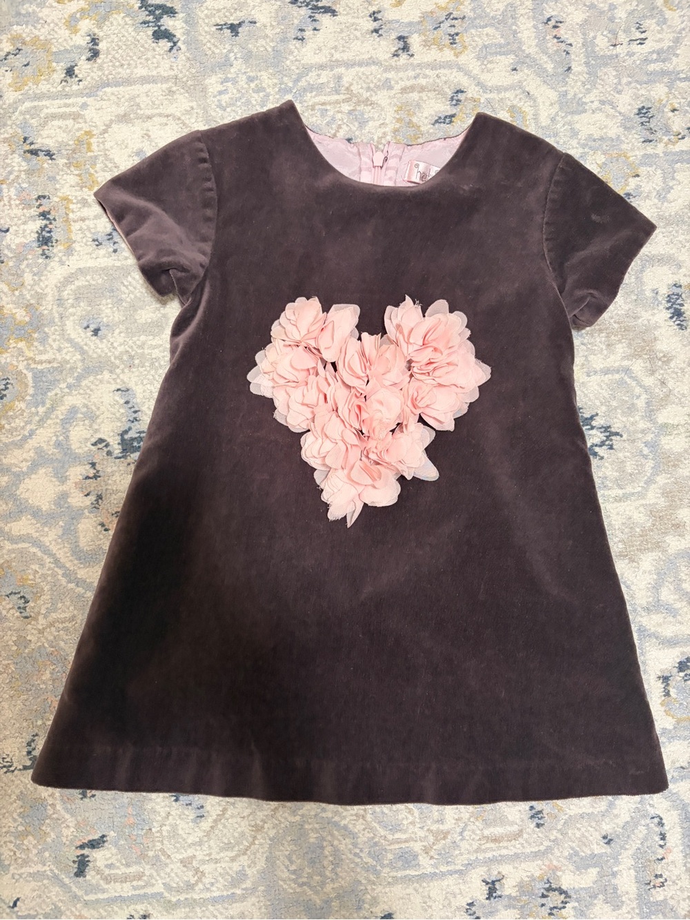 Halabaloo Dark Plum Velvet Dress with Pink Floral Heart